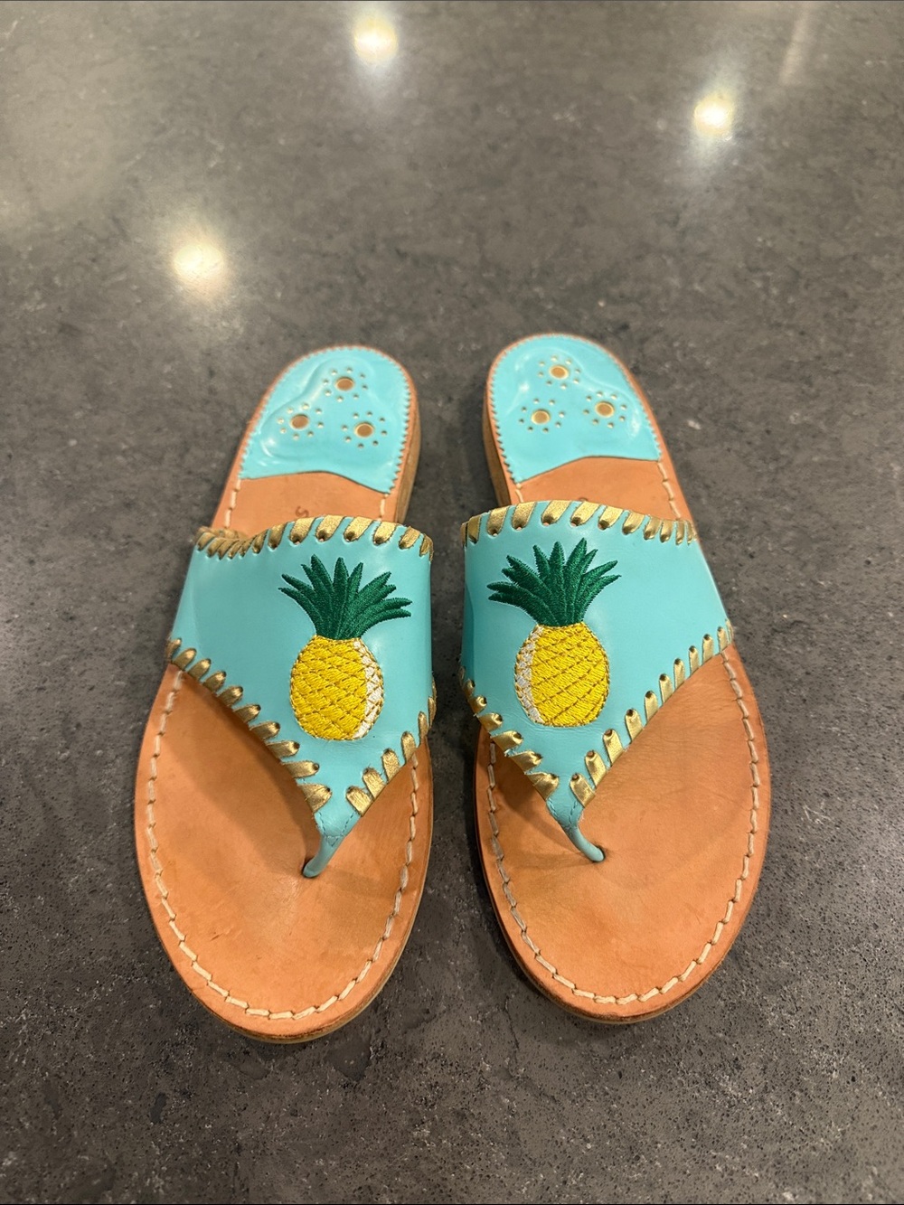 Jack Rogers Women's Pineapple Embroidered Aqua Leather Sandals size 7